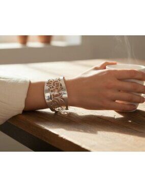 Vintage Distressed AVON Silvertone Floral Cut Outs Cuff Bracelet